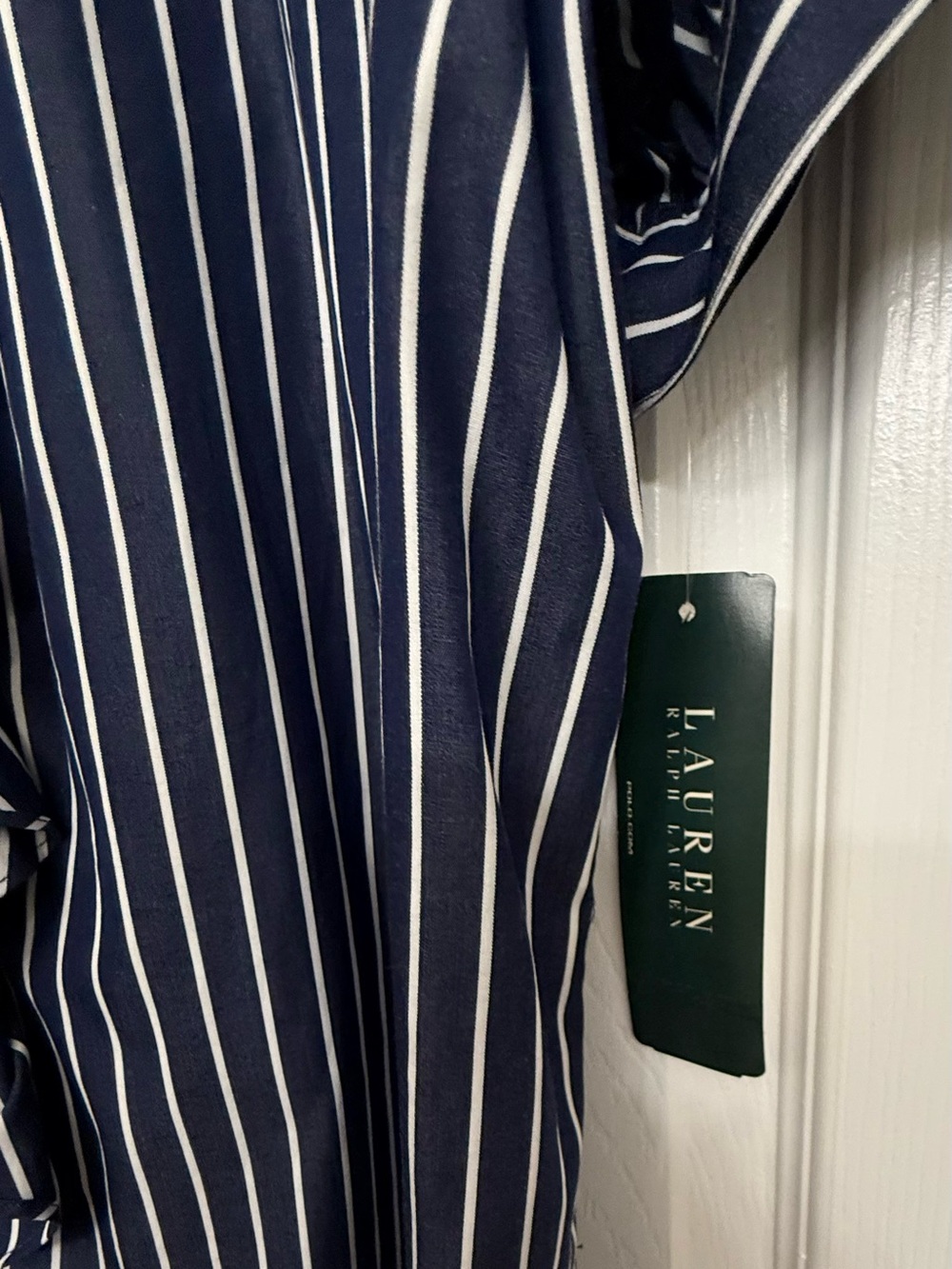 Lauren Ralph Lauren Navy and White Vertical Stripe Ruffle Blouse NWT - Picture 2 of 6